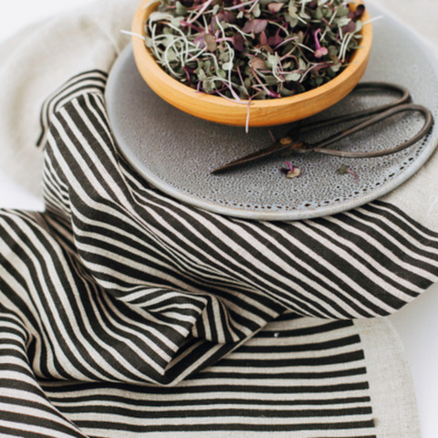 Hand Printed Linen Tea Towel. Design: Thin Stripes